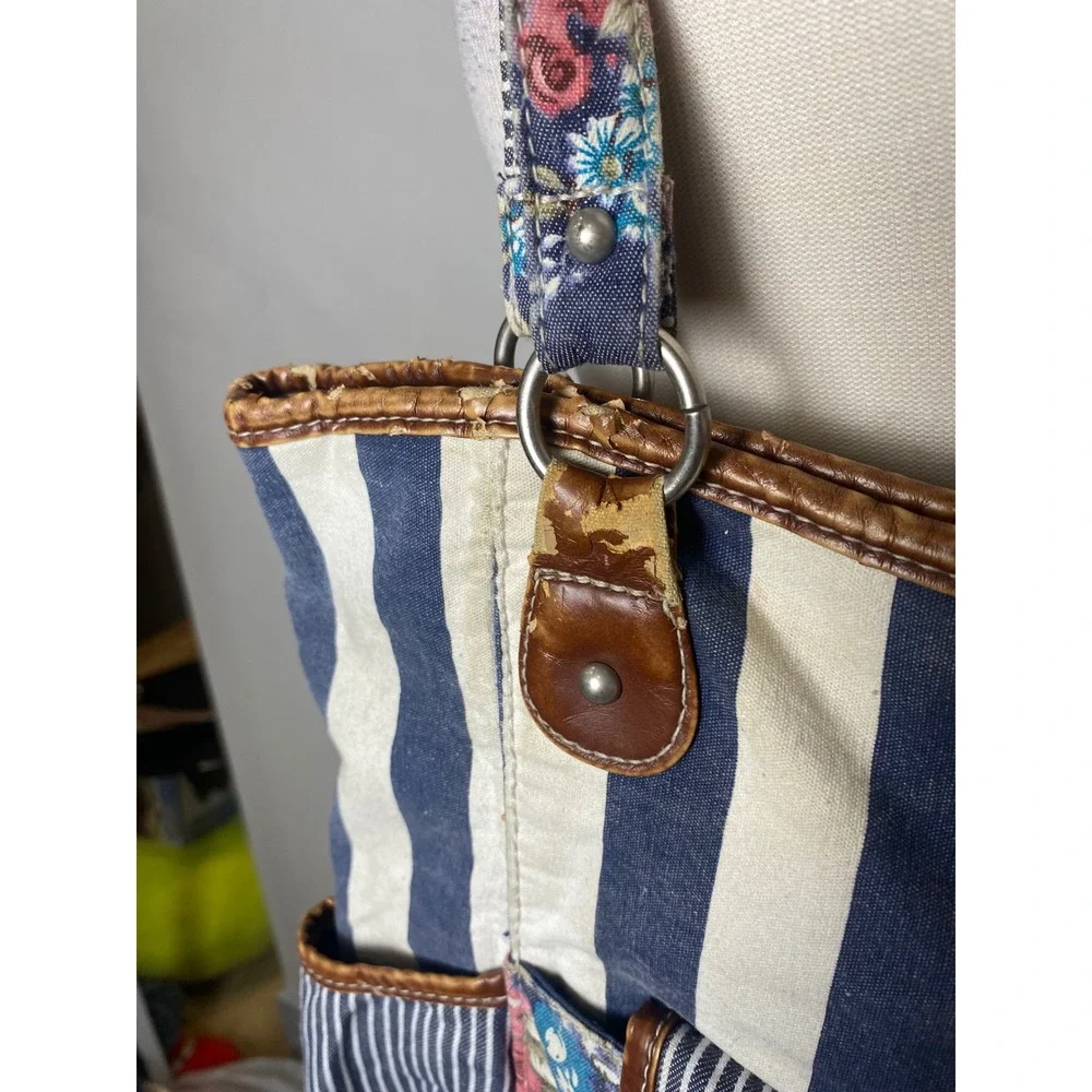 Unionbay Vintage 90s Y2K Floral Stripe Canvas Tote Bag Blue White Mixed Media
